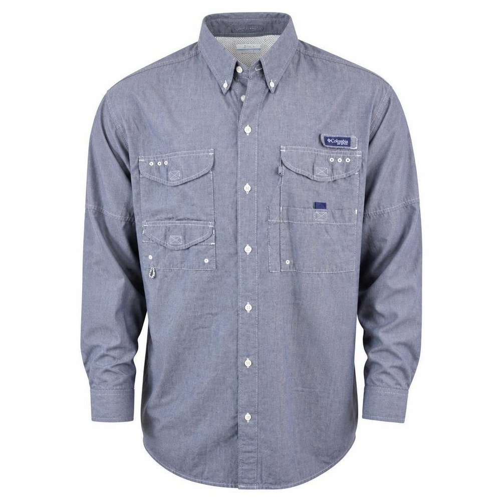 Columbia PFG Shirt Mens L Super Bonehead Fishing L/S Blue Vented UPF Utility